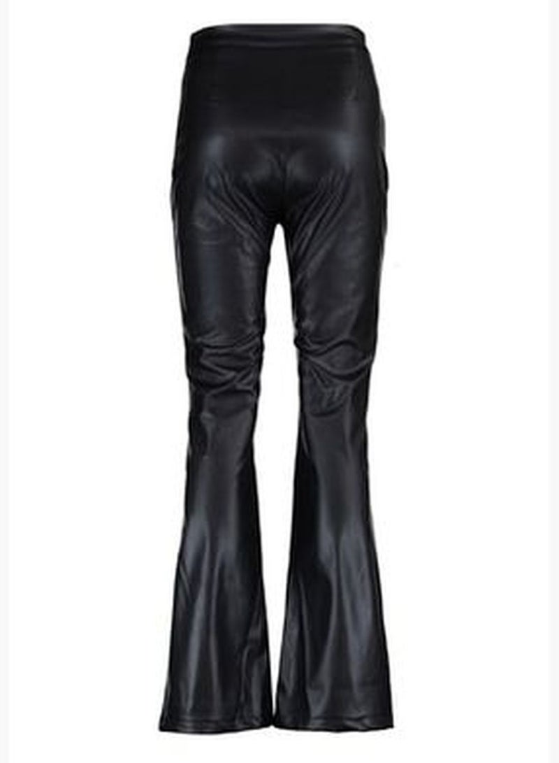 Black Flare Woven Faux Leather Pants TWOAW23PL00056