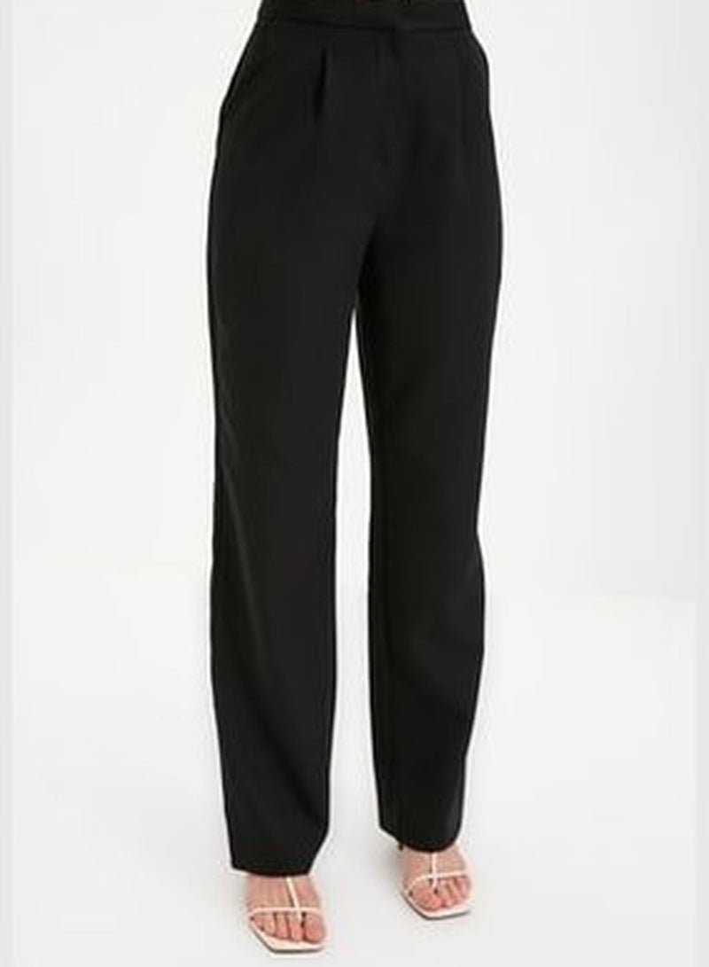 Black Straight Cut Wide Leg Pleated Woven Trousers TWOSS21PL0155