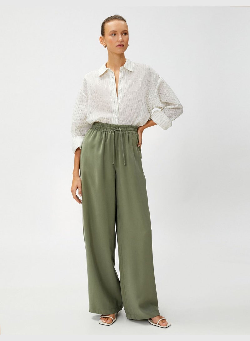 Silky Fabric Relax Fit Drawstring Wide LegTrousers