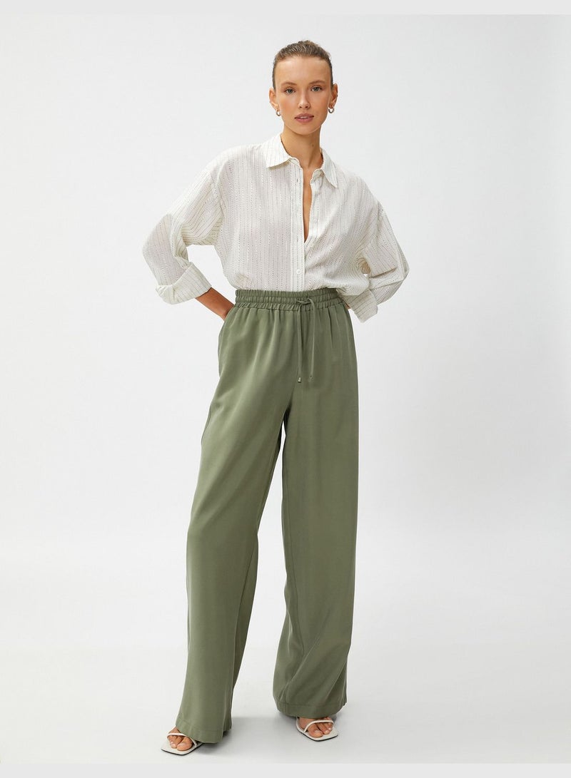 Silky Fabric Relax Fit Drawstring Wide LegTrousers