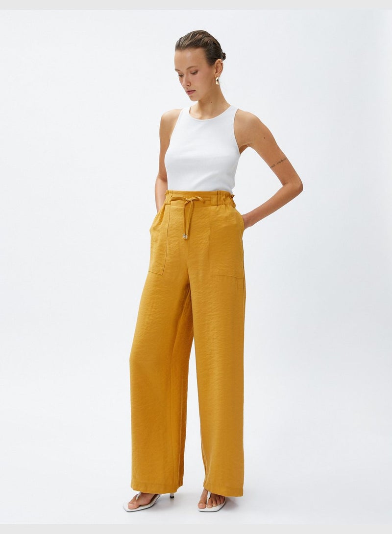 Silky Fabric Drawstring Wide Leg Trousers