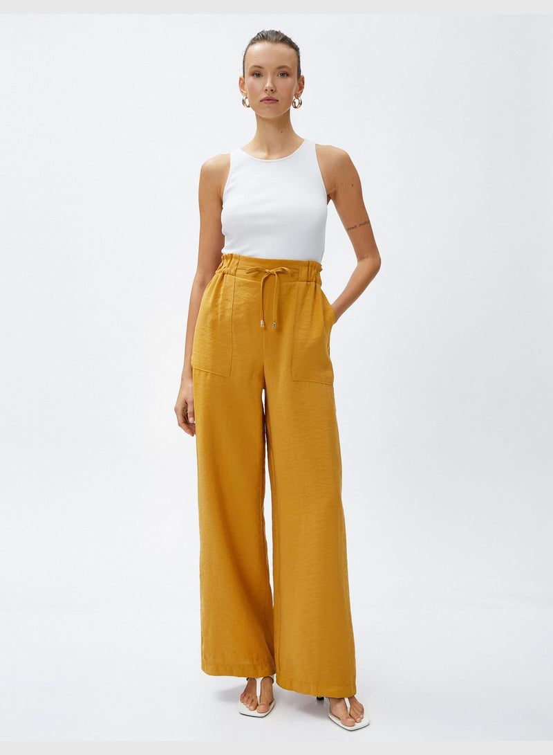 Silky Fabric Drawstring Wide Leg Trousers