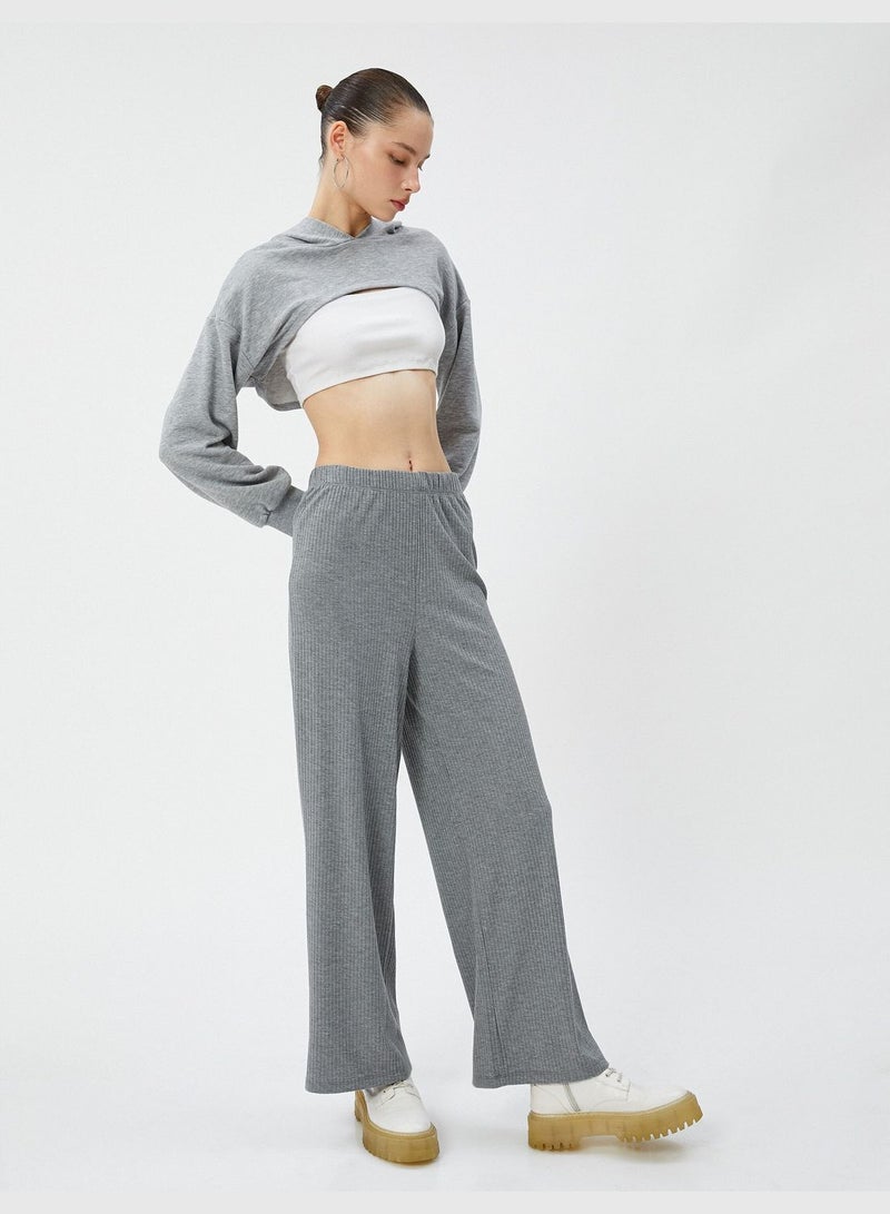 Wide Leg Trousers Relax Cut Elastic Waistband Ribbed