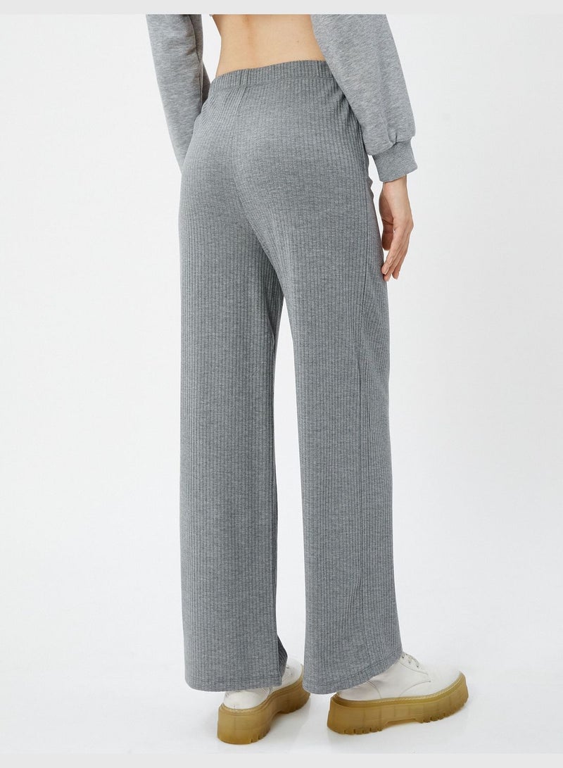 Wide Leg Trousers Relax Cut Elastic Waistband Ribbed