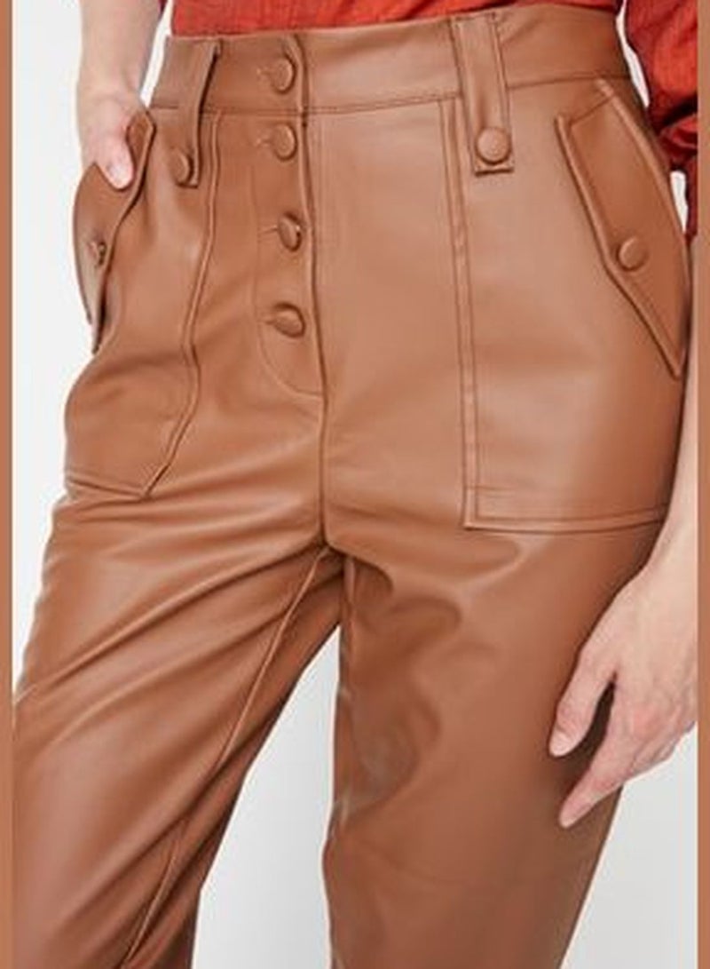 Camel Carrot Weave Faux Leather Trousers With Buttons In The Front TWOAW22PL0083