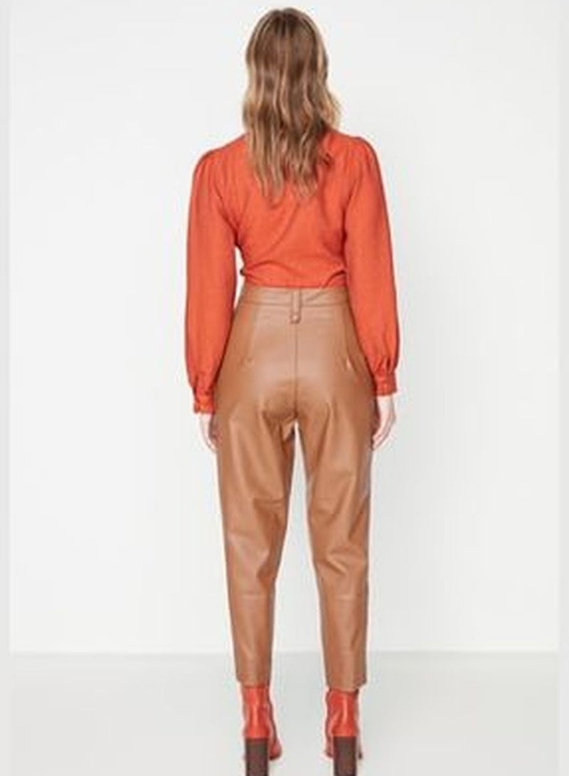Camel Carrot Weave Faux Leather Trousers With Buttons In The Front TWOAW22PL0083