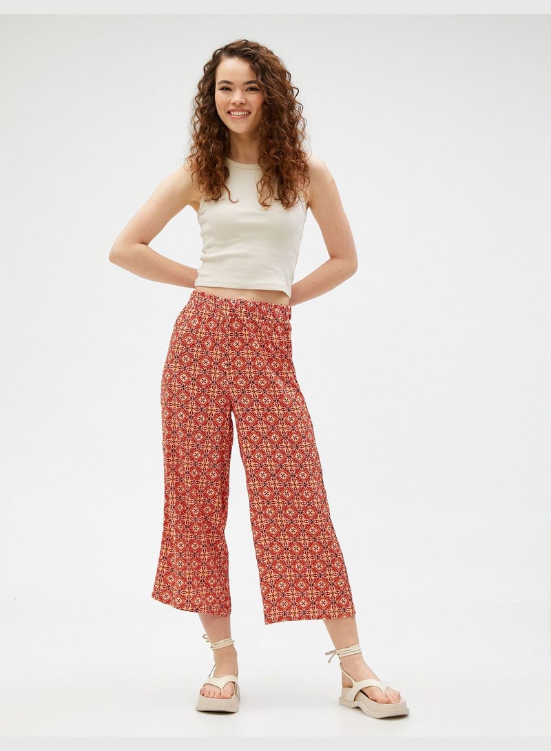 Viscose Elastic Waist Ethnic Patterned Wide Leg Trousers