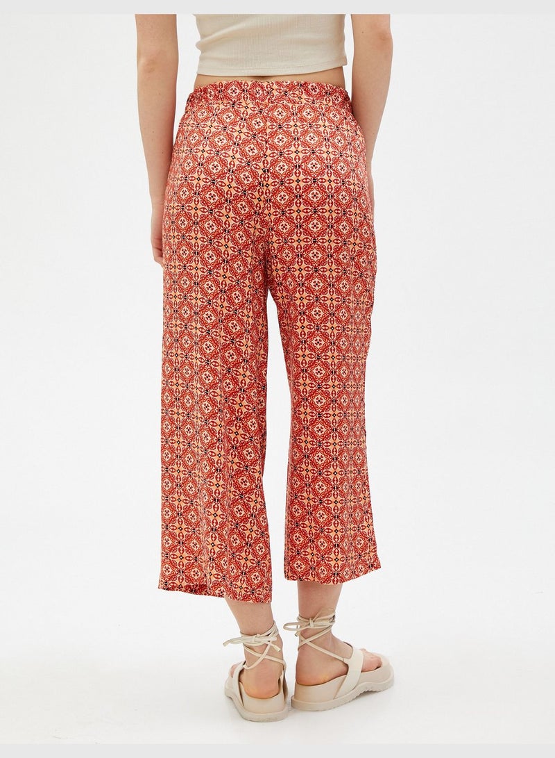 Viscose Elastic Waist Ethnic Patterned Wide Leg Trousers