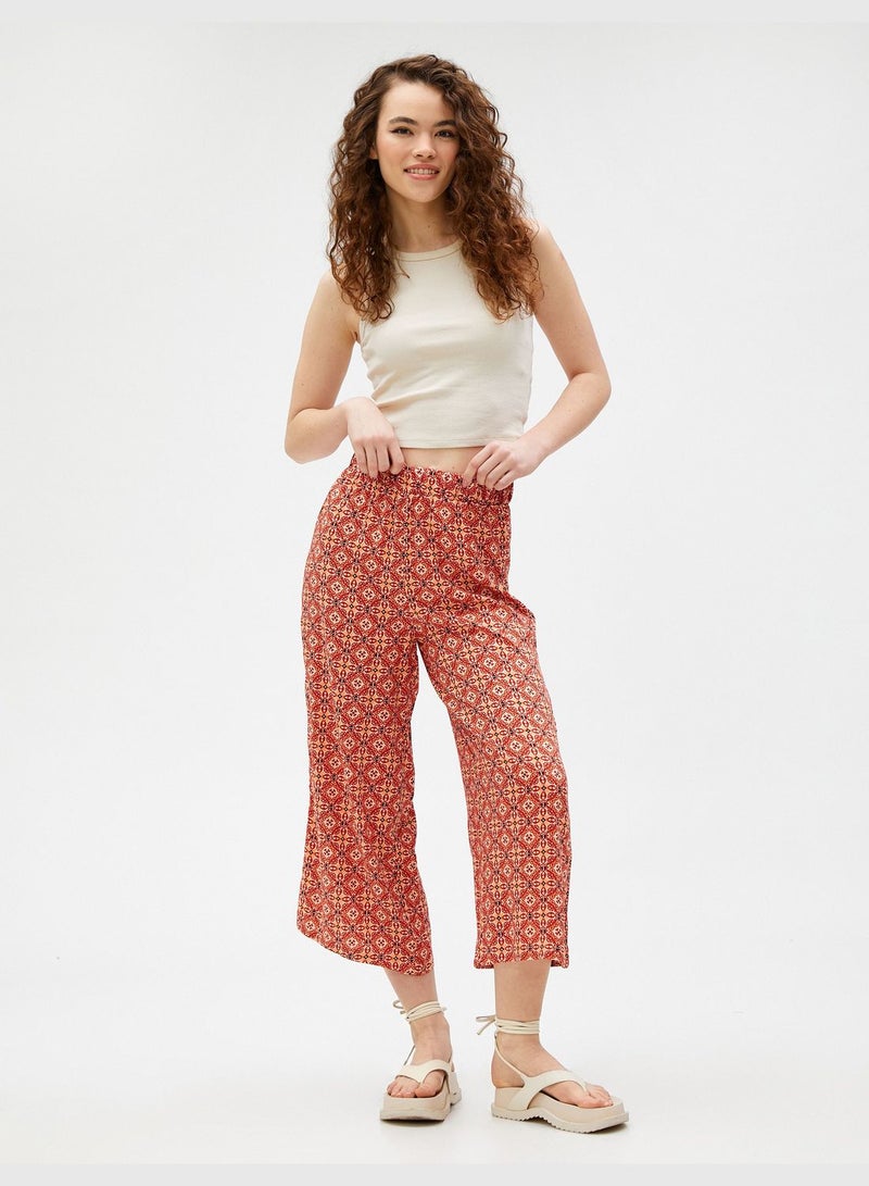 Viscose Elastic Waist Ethnic Patterned Wide Leg Trousers