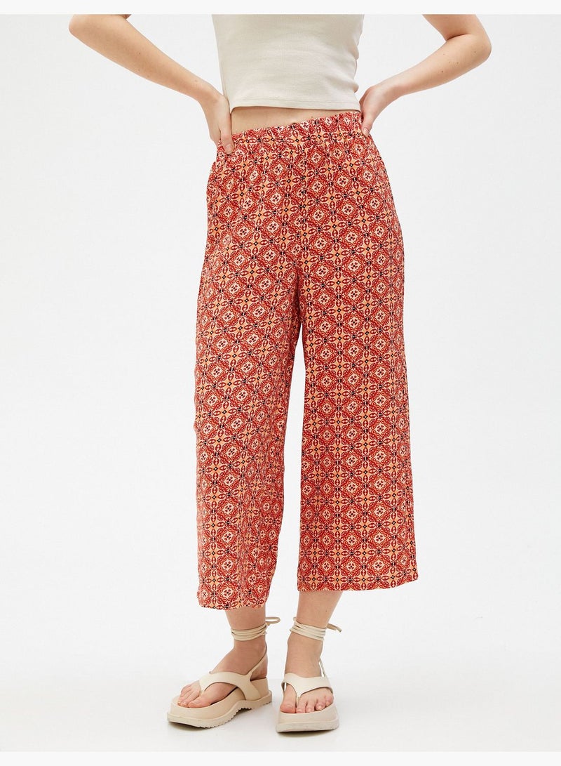 Viscose Elastic Waist Ethnic Patterned Wide Leg Trousers