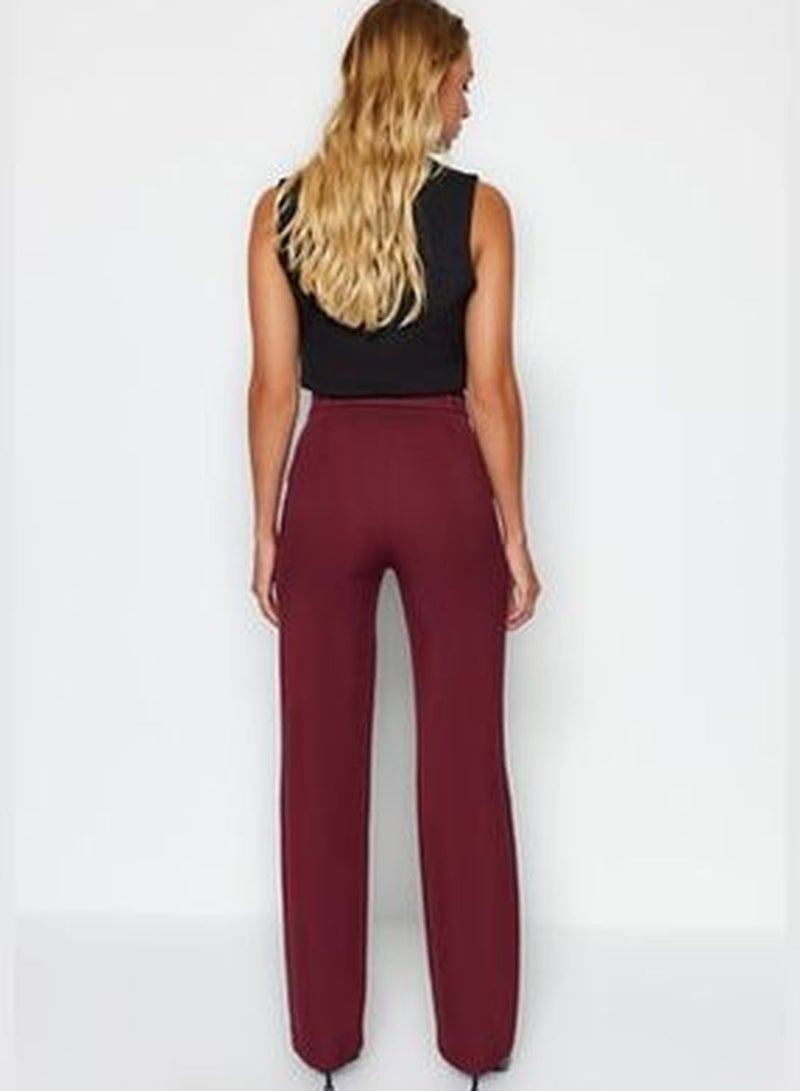 Claret Red Straight High Waist Stitched Woven Trousers TWOSS21PL0093