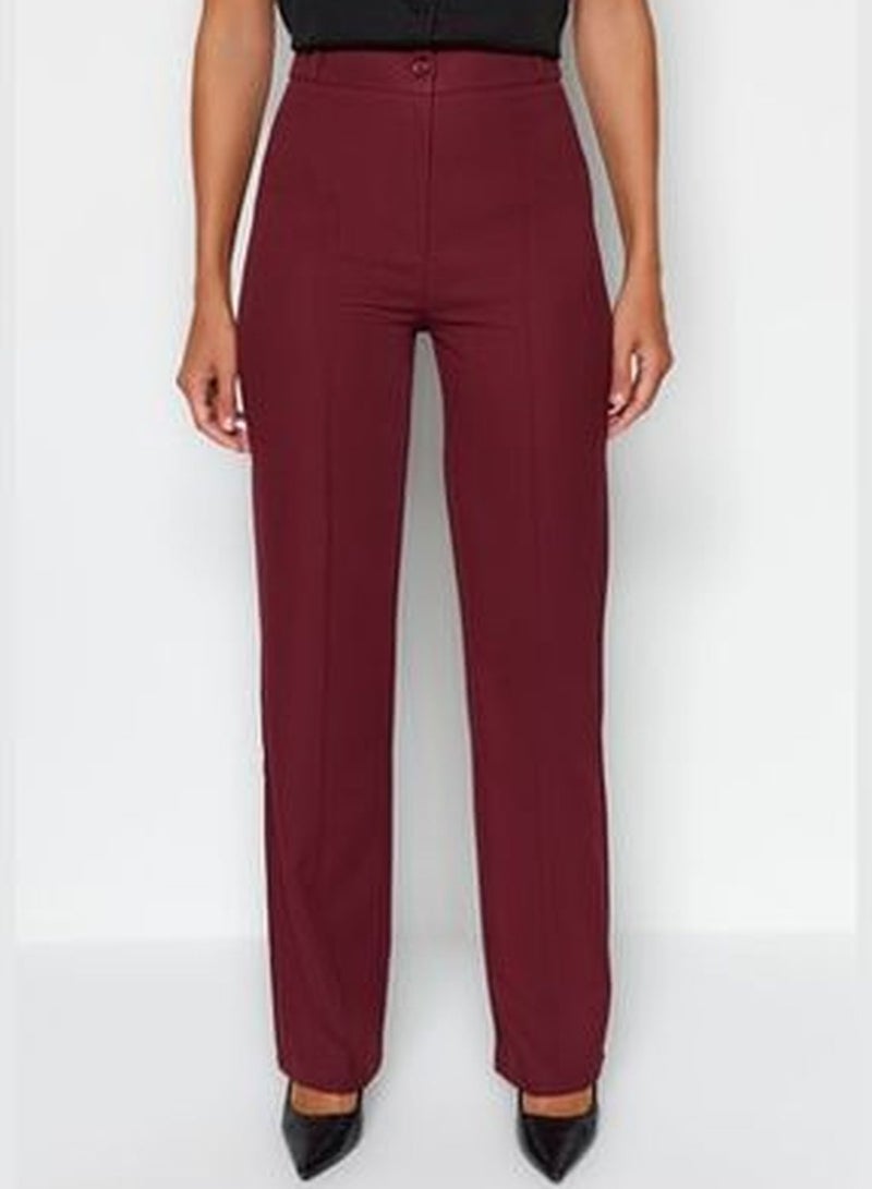 Claret Red Straight High Waist Stitched Woven Trousers TWOSS21PL0093