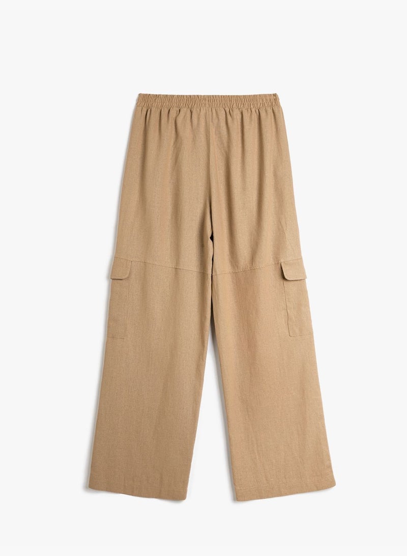 Pocket Detail Linen Mix Regular Elastic Waist Cargo Trousers