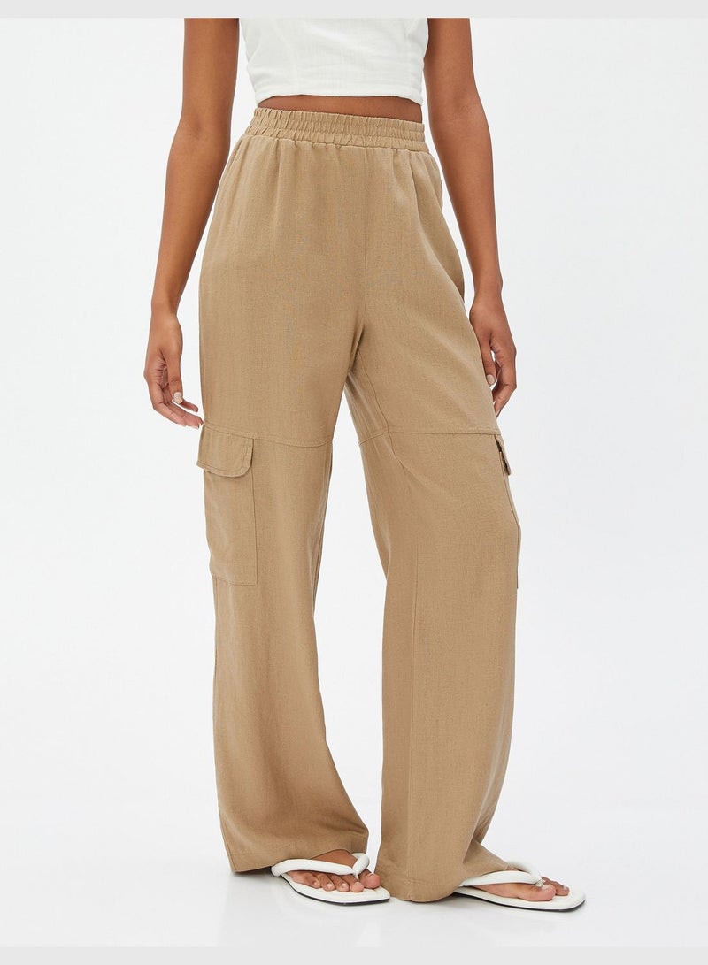 Pocket Detail Linen Mix Regular Elastic Waist Cargo Trousers