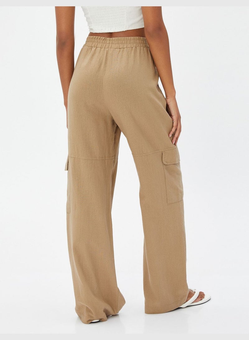 Pocket Detail Linen Mix Regular Elastic Waist Cargo Trousers