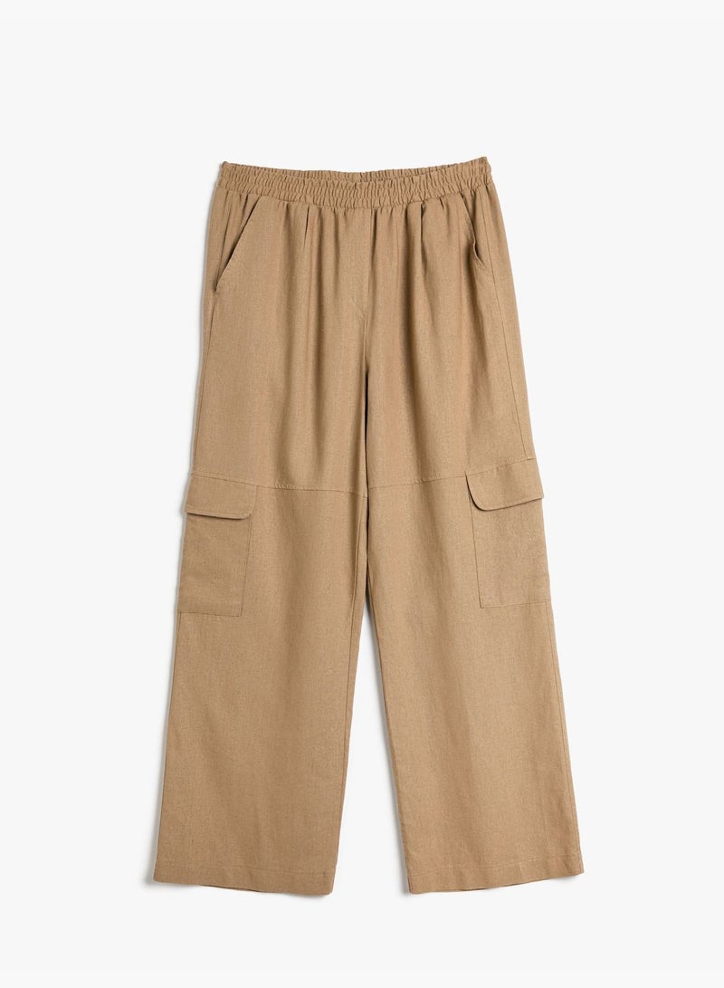 Pocket Detail Linen Mix Regular Elastic Waist Cargo Trousers