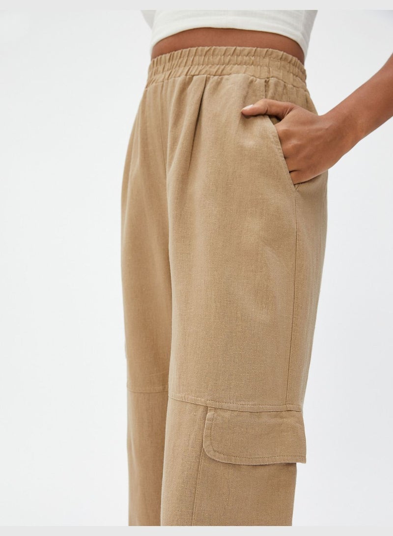 Pocket Detail Linen Mix Regular Elastic Waist Cargo Trousers