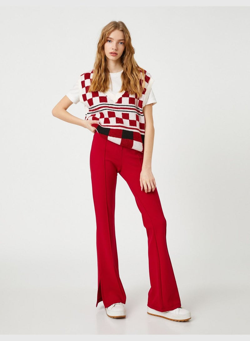 Flare Leg Trousers Slit Detail Ribbed Zipper Detail