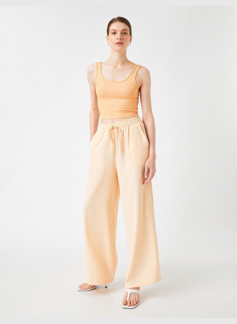 Wide Leg Trousers Pocket Drawstring