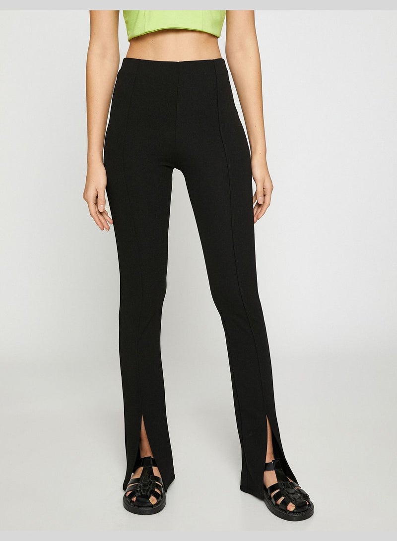 Flare Leg Trousers Ribbed Slit Detail High Waist