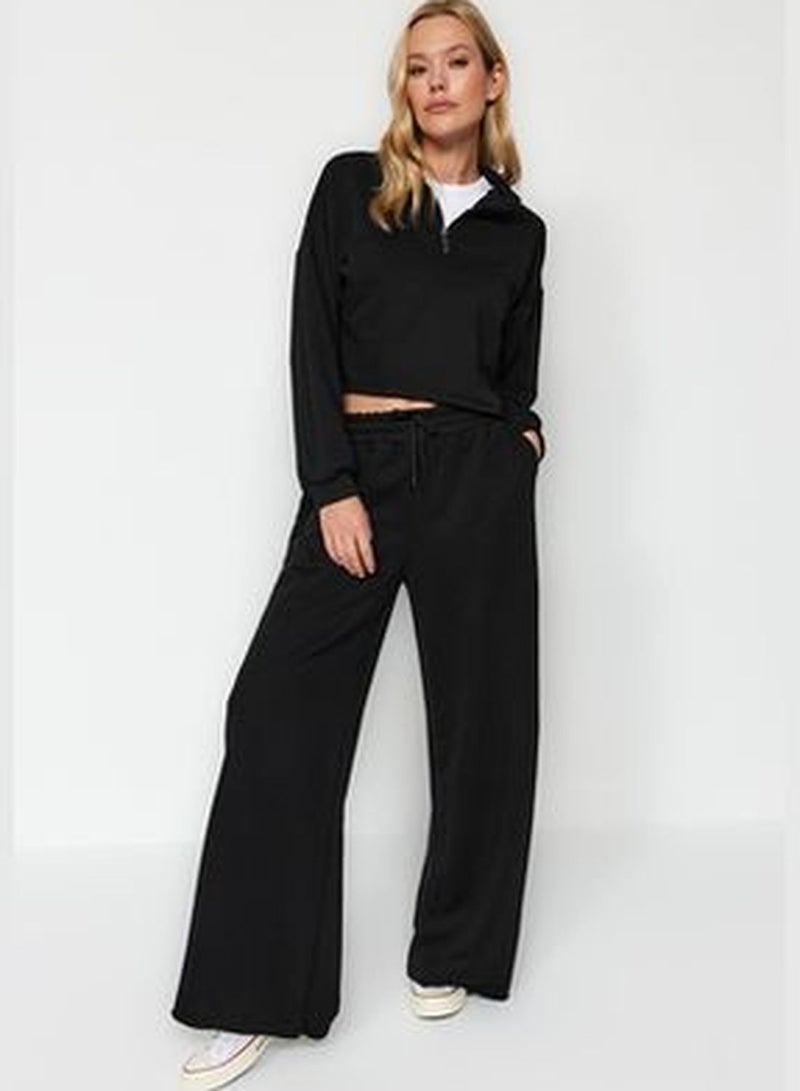 Black Thick Extra Wide Leg High Waist Knitted Sweatpants TWOAW24EA00043