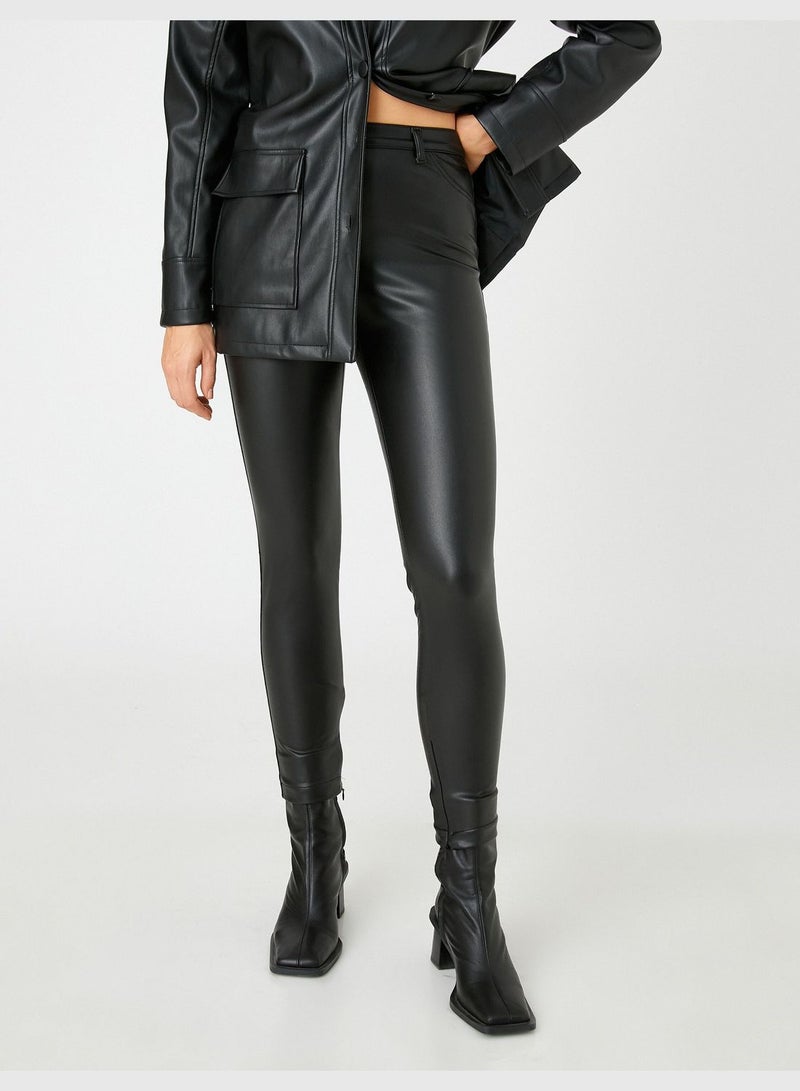 Faux Leather Slit Detail Skinny Trousers