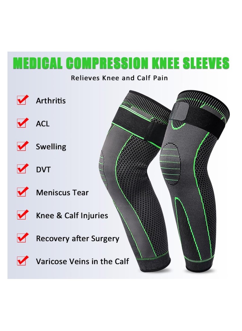Compression Leg Sleeves with Elastic Straps for Men & Women - Extra Long Knee Braces for Basketball, Football, Joint Pain - ACL Support - L