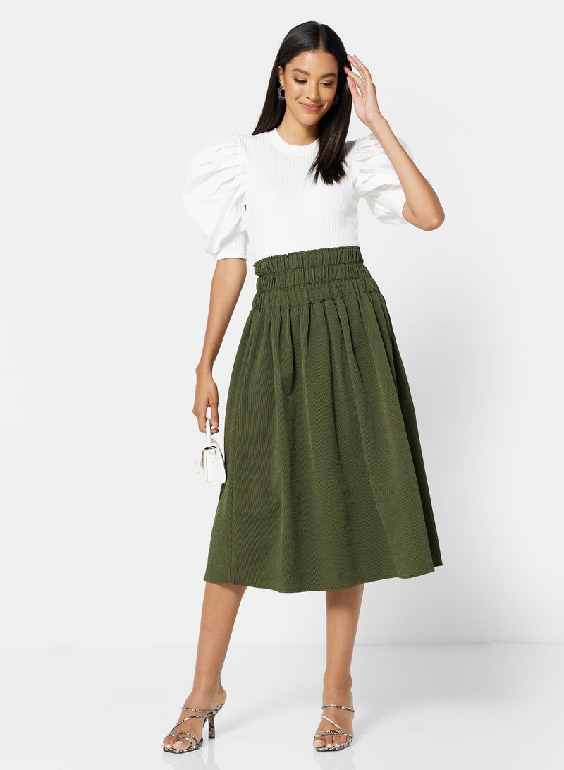 Shirred Midi Skirt Green