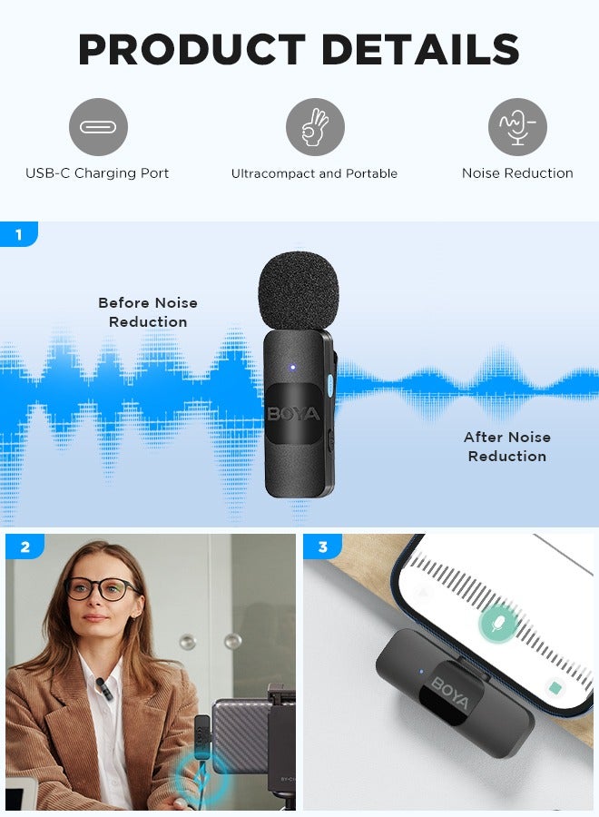 BOYA BY-V20 Wireless Lavalier Microphone for USB-C Interface Device,Noise Noise-cancelling Mini Condenser for Video Audio Recording