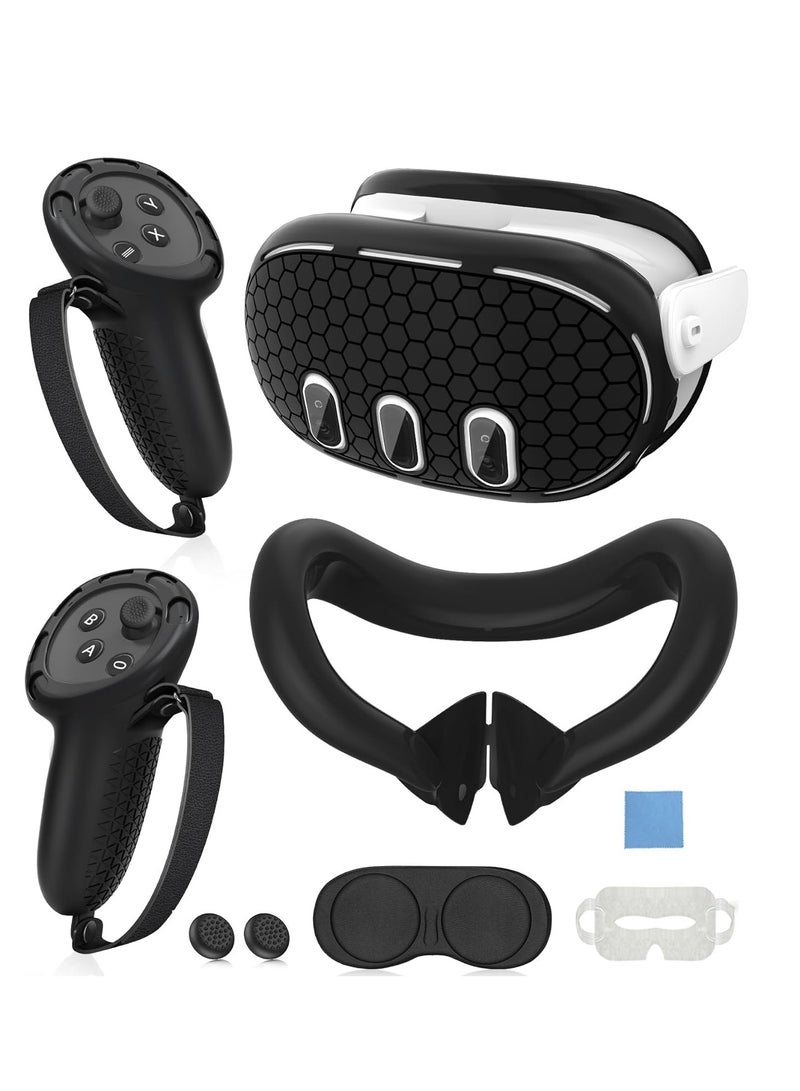 Silicone Cover Set Compatible with Oculus/Meta Quest 3 VR Accessories Protective Cover Includes Controller Grips Front Shell Headset Cover and Face Cover Lens Protector