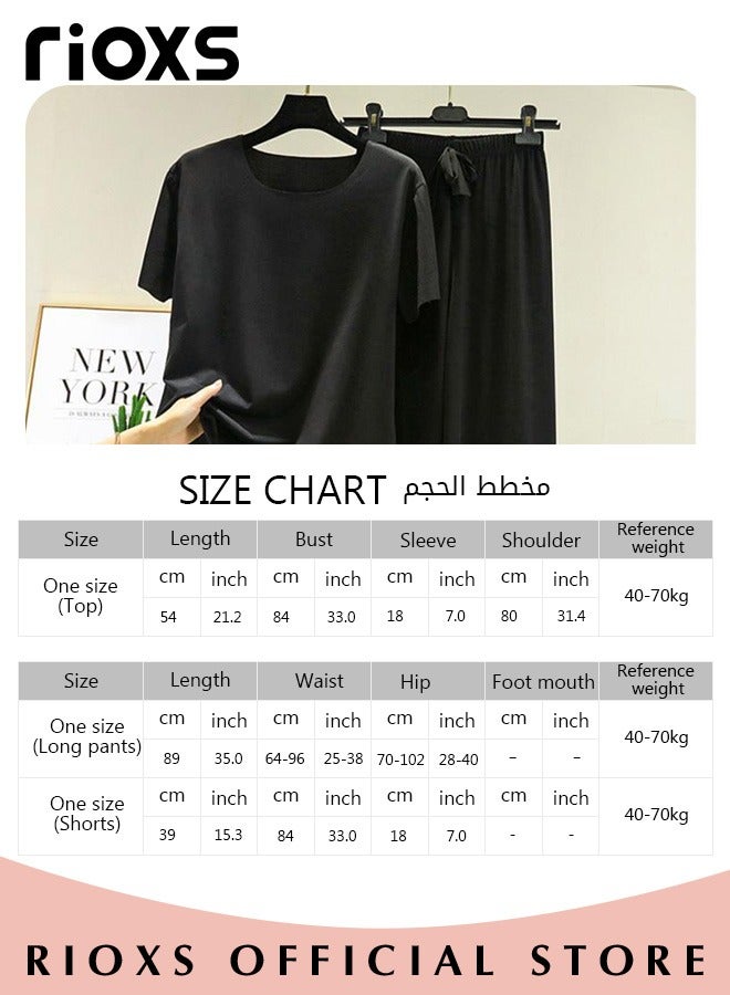 Women's 3pcs Ice Silk Pajamas Set Solid Color Short Sleeve Shirt with Shorts and Loose Pants for Sleepwear