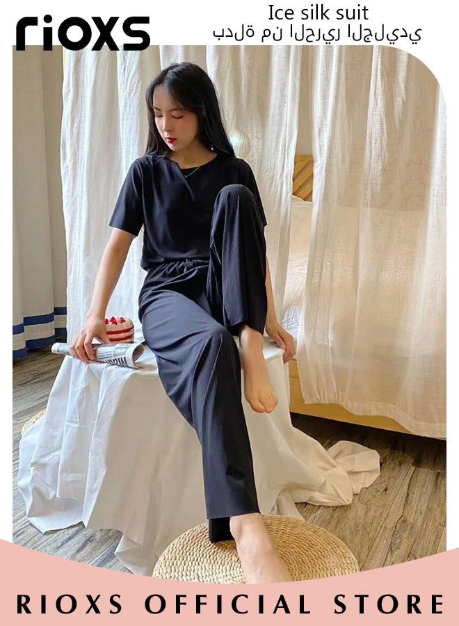 Women's 3pcs Ice Silk Pajamas Set Solid Color Short Sleeve Shirt with Shorts and Loose Pants for Sleepwear