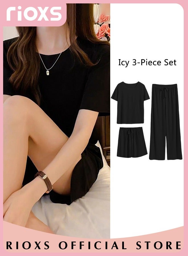 Women's 3pcs Ice Silk Pajamas Set Solid Color Short Sleeve Shirt with Shorts and Loose Pants for Sleepwear