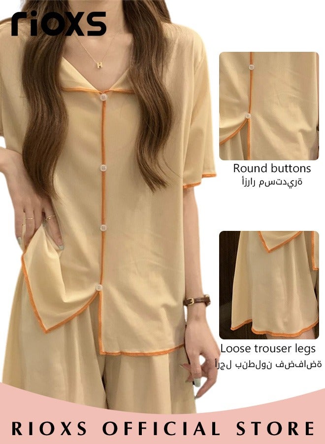 Women's 2pcs Ice Silk Pajamas Set Solid Color Short Sleeve Button Shirt with Shorts Set in Cool Feeling for Sleepwear