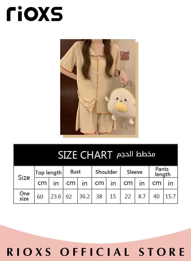 Women's 2pcs Ice Silk Pajamas Set Solid Color Short Sleeve Button Shirt with Shorts Set in Cool Feeling for Sleepwear