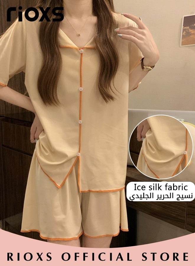 Women's 2pcs Ice Silk Pajamas Set Solid Color Short Sleeve Button Shirt with Shorts Set in Cool Feeling for Sleepwear