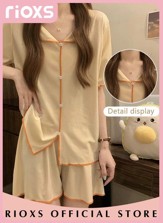 Women's 2pcs Ice Silk Pajamas Set Solid Color Short Sleeve Button Shirt with Shorts Set in Cool Feeling for Sleepwear