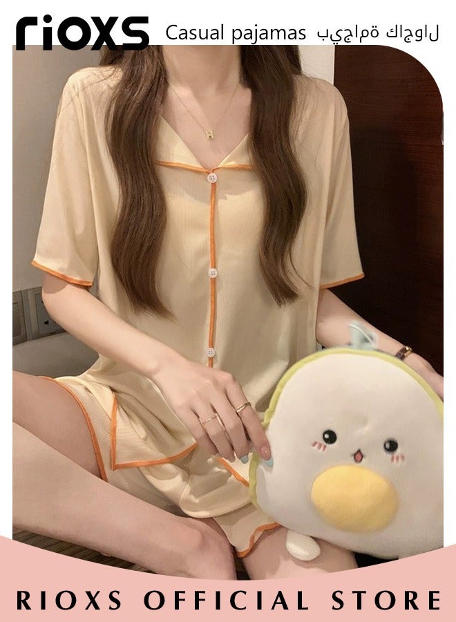 Women's 2pcs Ice Silk Pajamas Set Solid Color Short Sleeve Button Shirt with Shorts Set in Cool Feeling for Sleepwear