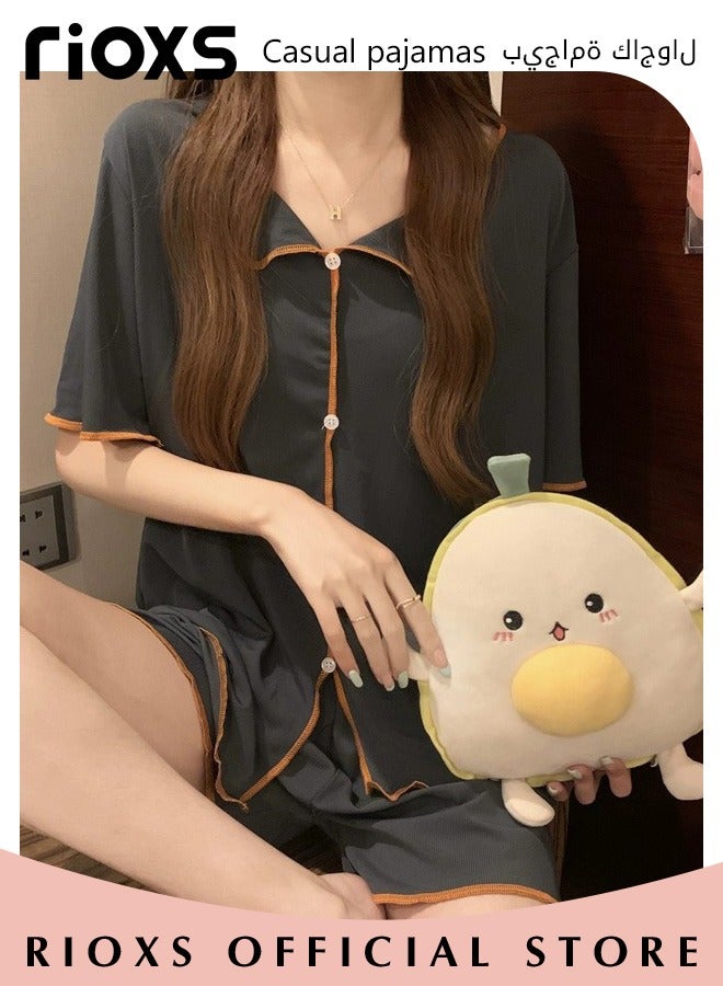 Women's 2pcs Ice Silk Pajamas Set Solid Color Short Sleeve Button Shirt with Shorts Set in Cool Feeling for Sleepwear