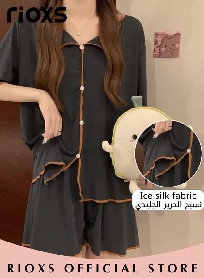 Women's 2pcs Ice Silk Pajamas Set Solid Color Short Sleeve Button Shirt with Shorts Set in Cool Feeling for Sleepwear