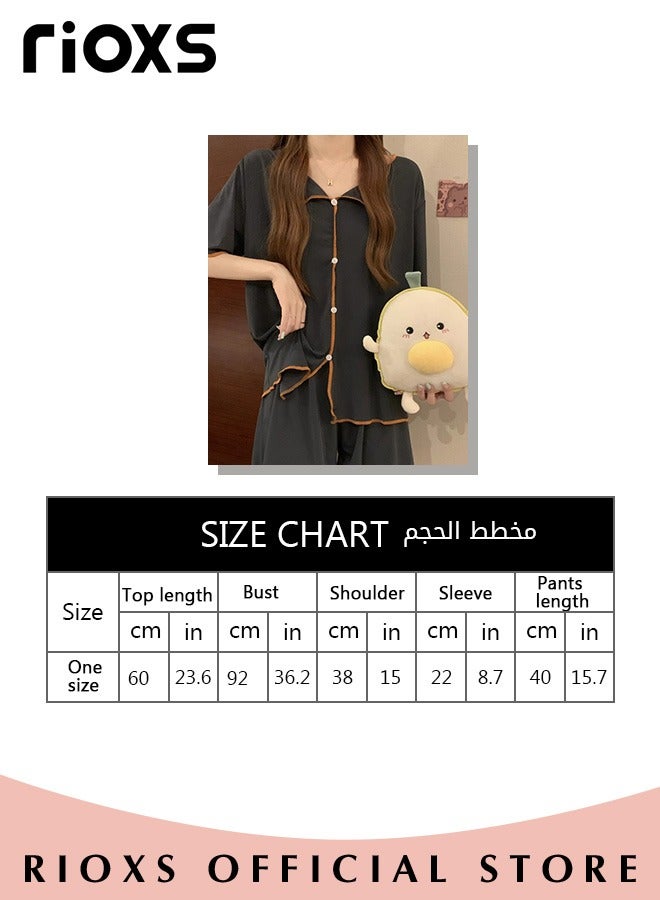 Women's 2pcs Ice Silk Pajamas Set Solid Color Short Sleeve Button Shirt with Shorts Set in Cool Feeling for Sleepwear