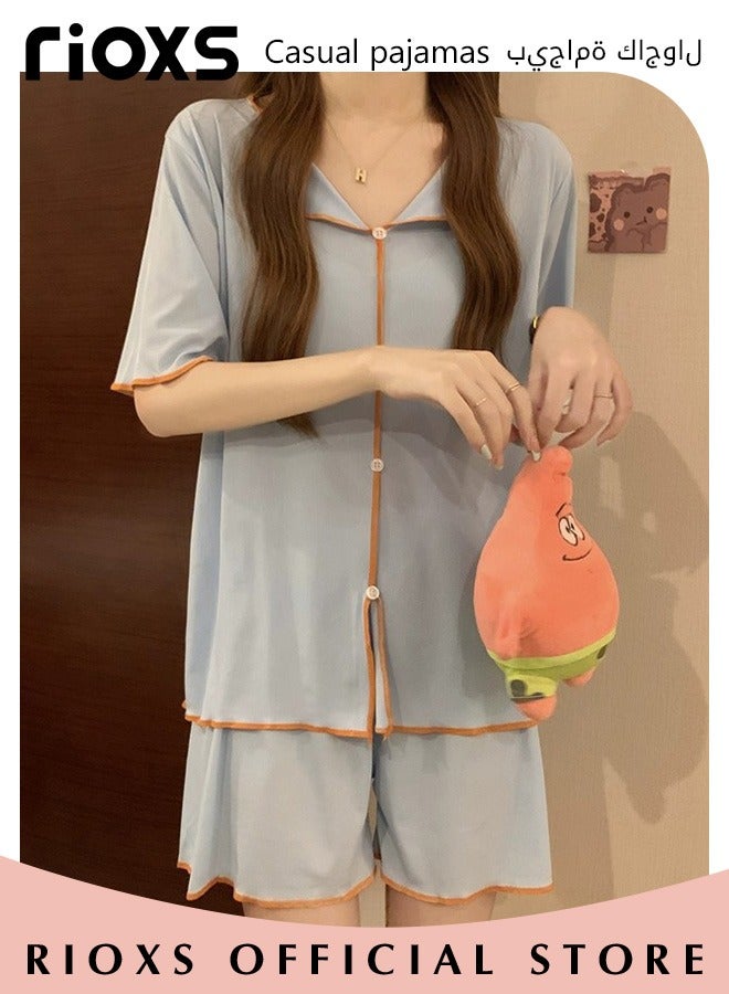 Women's 2pcs Ice Silk Pajamas Set Solid Color Short Sleeve Button Shirt with Shorts Set in Cool Feeling for Sleepwear