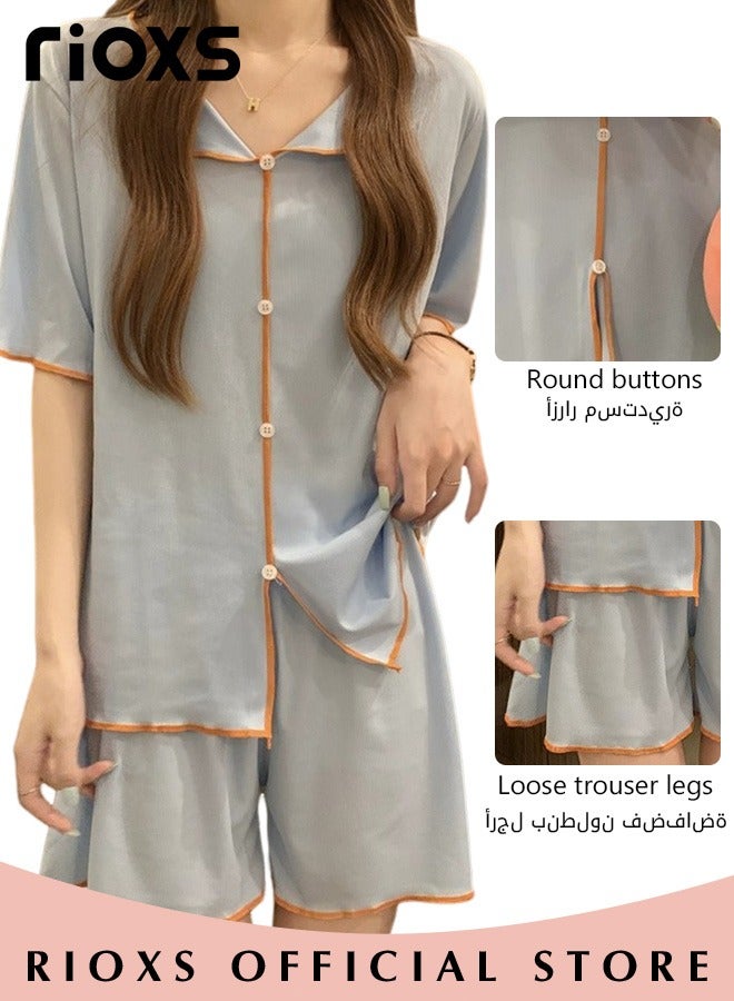 Women's 2pcs Ice Silk Pajamas Set Solid Color Short Sleeve Button Shirt with Shorts Set in Cool Feeling for Sleepwear