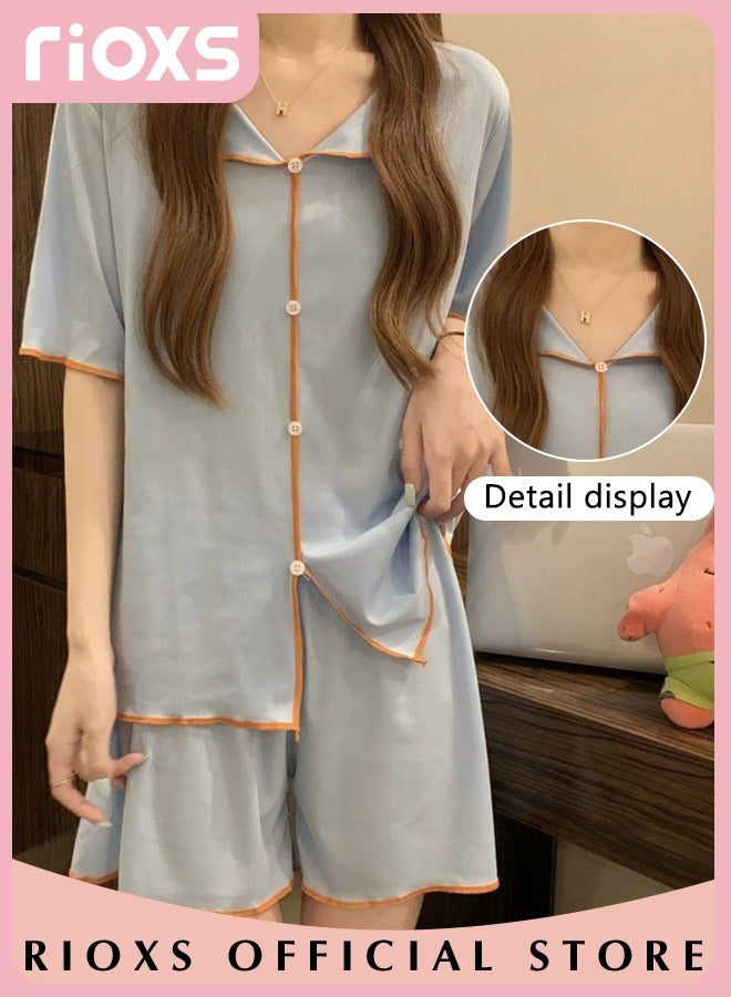 Women's 2pcs Ice Silk Pajamas Set Solid Color Short Sleeve Button Shirt with Shorts Set in Cool Feeling for Sleepwear