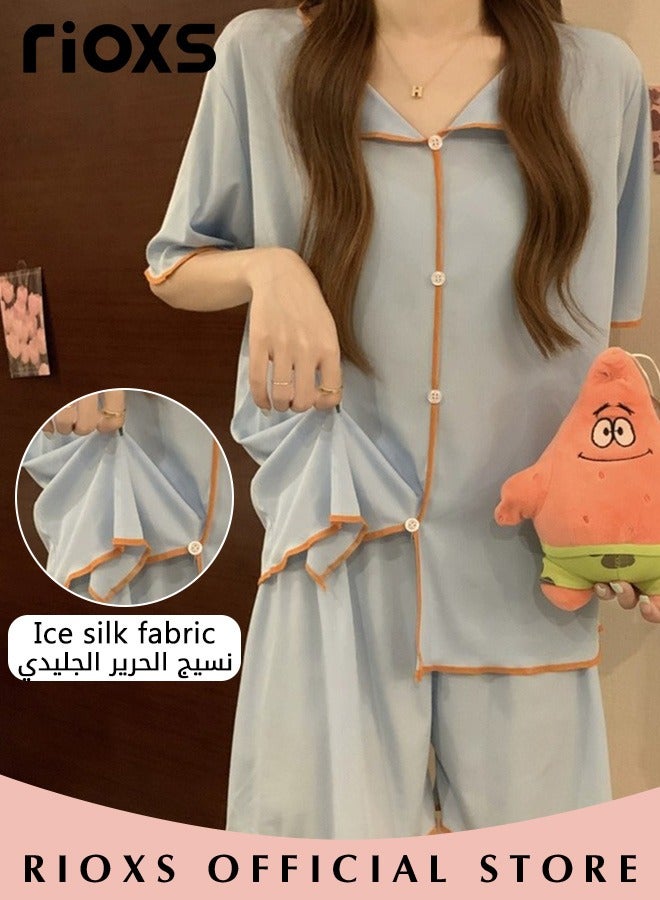 Women's 2pcs Ice Silk Pajamas Set Solid Color Short Sleeve Button Shirt with Shorts Set in Cool Feeling for Sleepwear