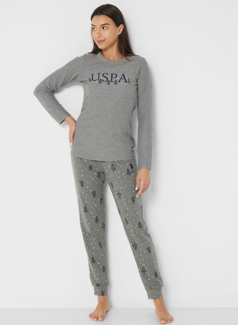 Crew Neck Graphic T-Shirt And Pyjama Set