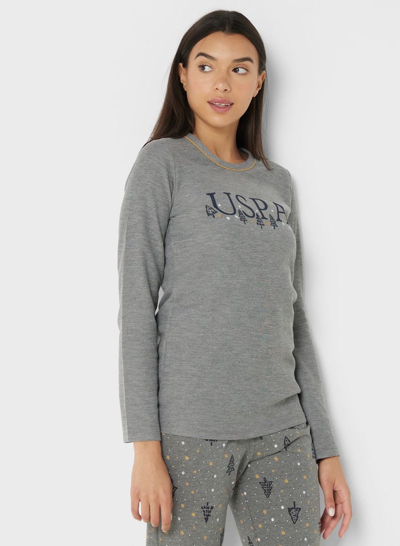 Crew Neck Graphic T-Shirt And Pyjama Set