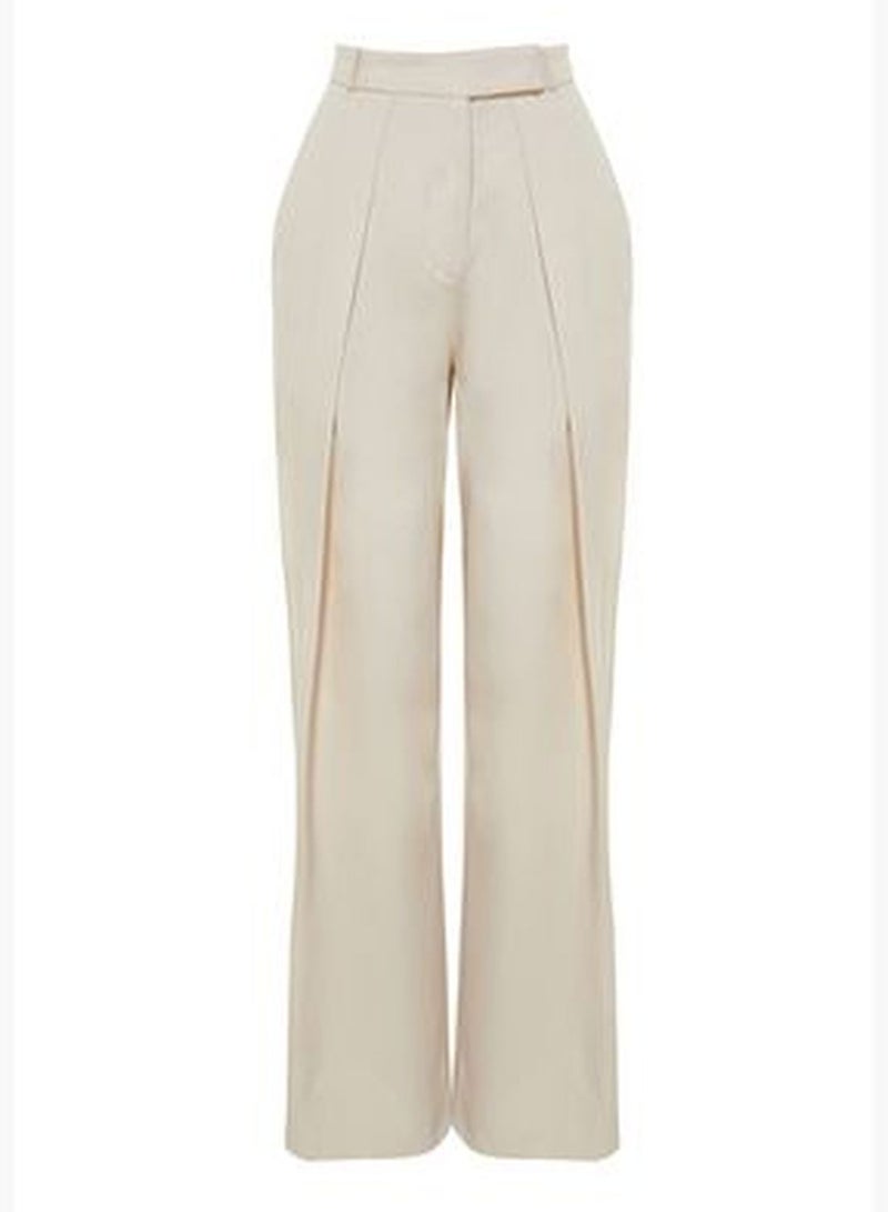 Beige Wide Leg Double Pleated Cotton Fabric Woven Trousers TWOSS24PL00039