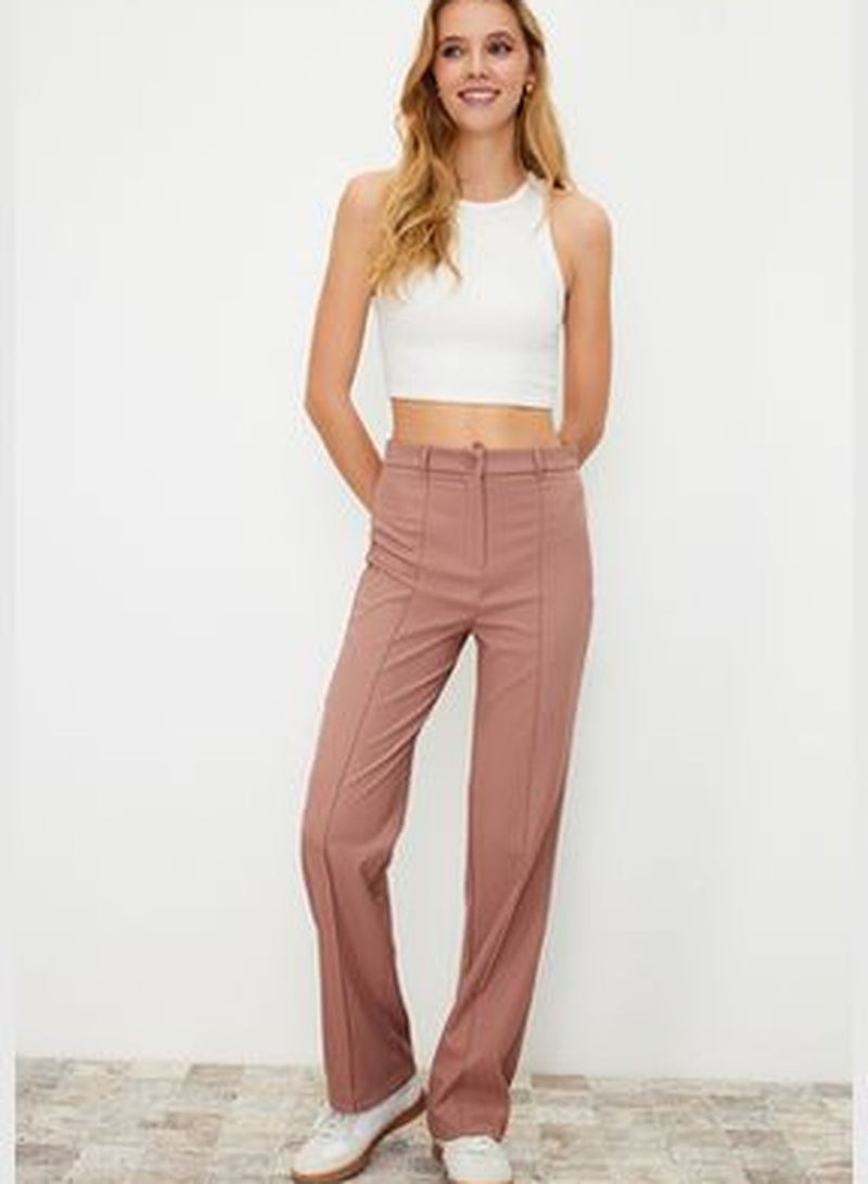 Pale Pink Straight/Straight Fit High Waist Ribbed Stitched Woven Trousers