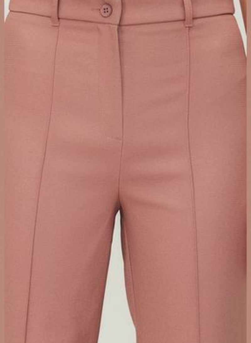 Pale Pink Straight/Straight Fit High Waist Ribbed Stitched Woven Trousers